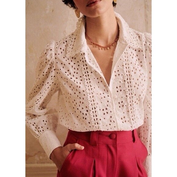 SEZANE Cara Shirt Cream Women’s Size 36 US 4 Eyelet Floral Puff Sleeve Button Up - Picture 1 of 15